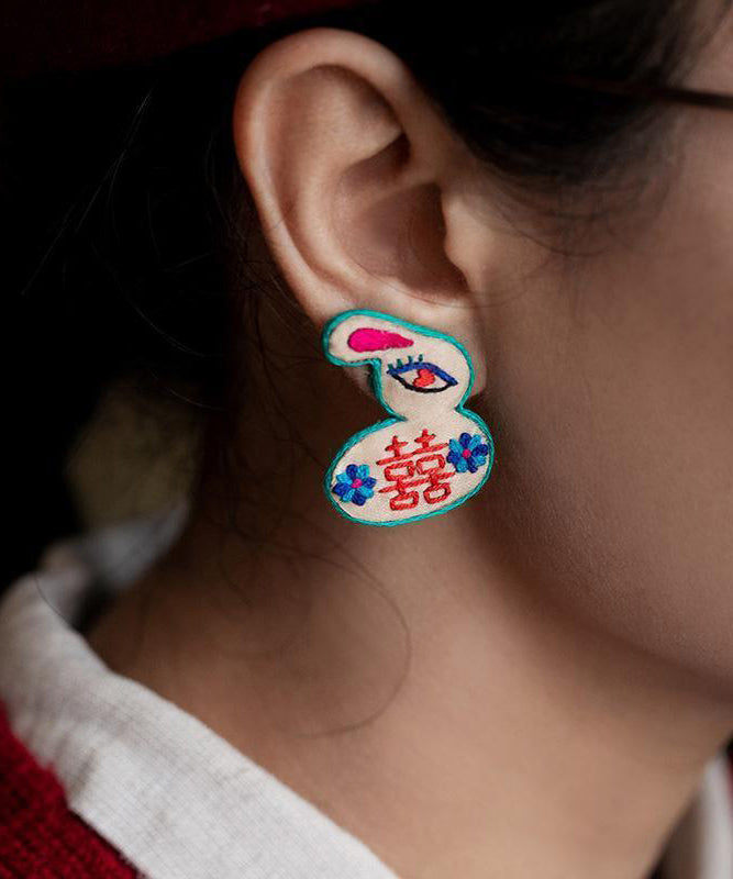 Handmade Rainbow Embroidery Little Rabbit Stud Earrings