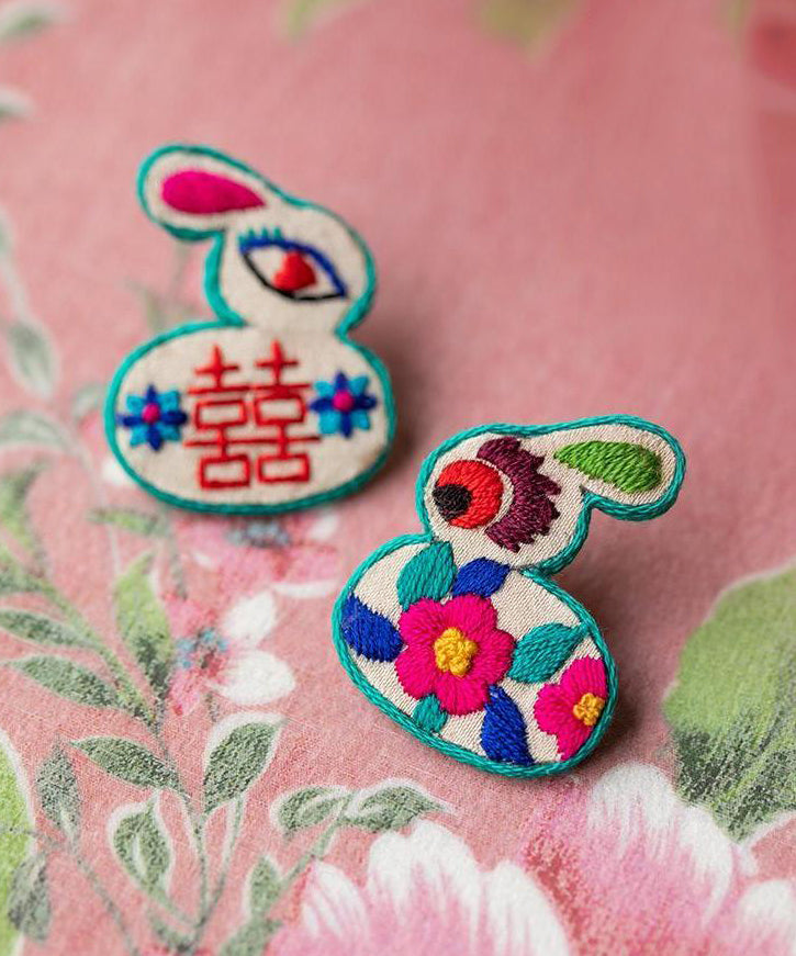 Handmade Rainbow Embroidery Little Rabbit Stud Earrings