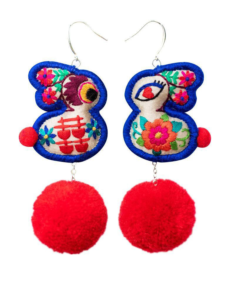 Handmade Rainbow Embroidery Little Rabbit Stud Earrings