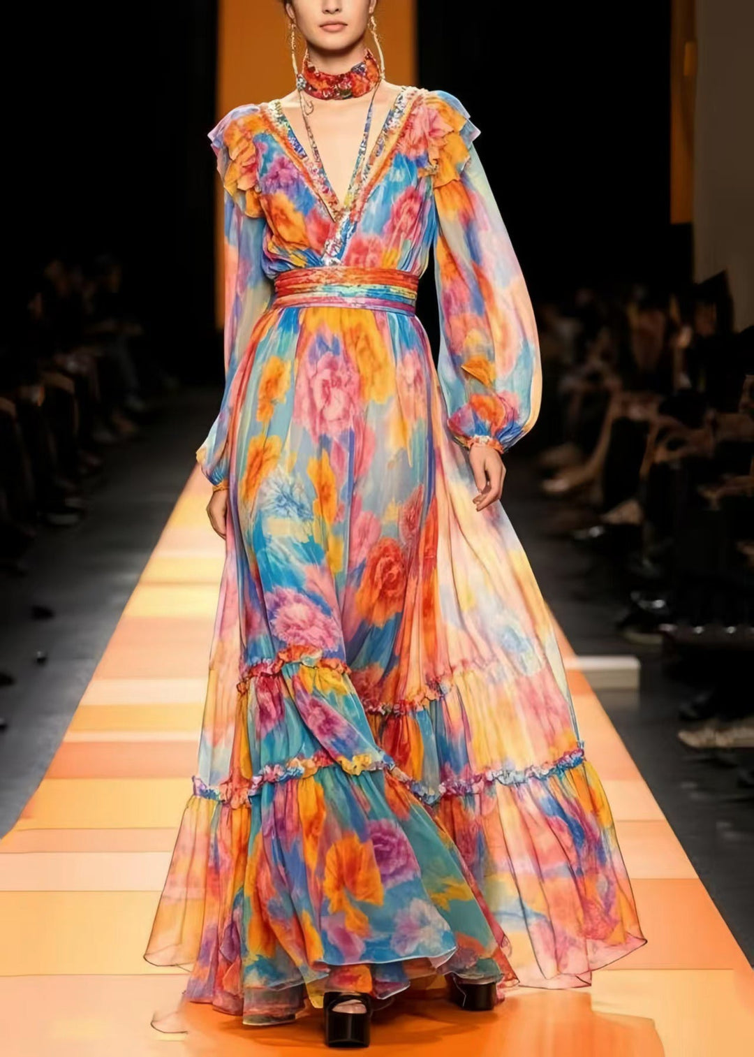 Handmade Rainbow Floral Print Chiffon Vacation Dresses Summer