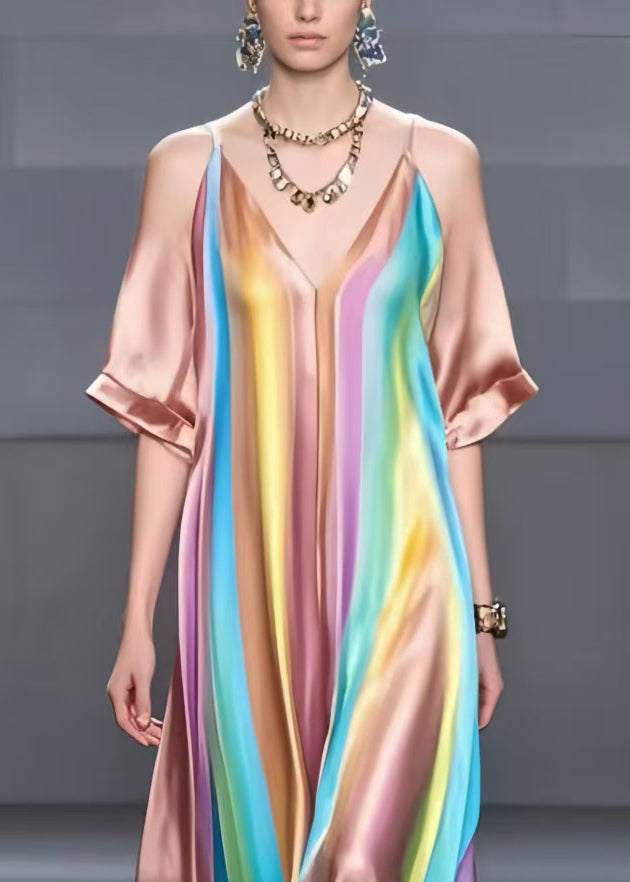 Handmade Rainbow Oversized Draping Silk Holiday Dress Summer
