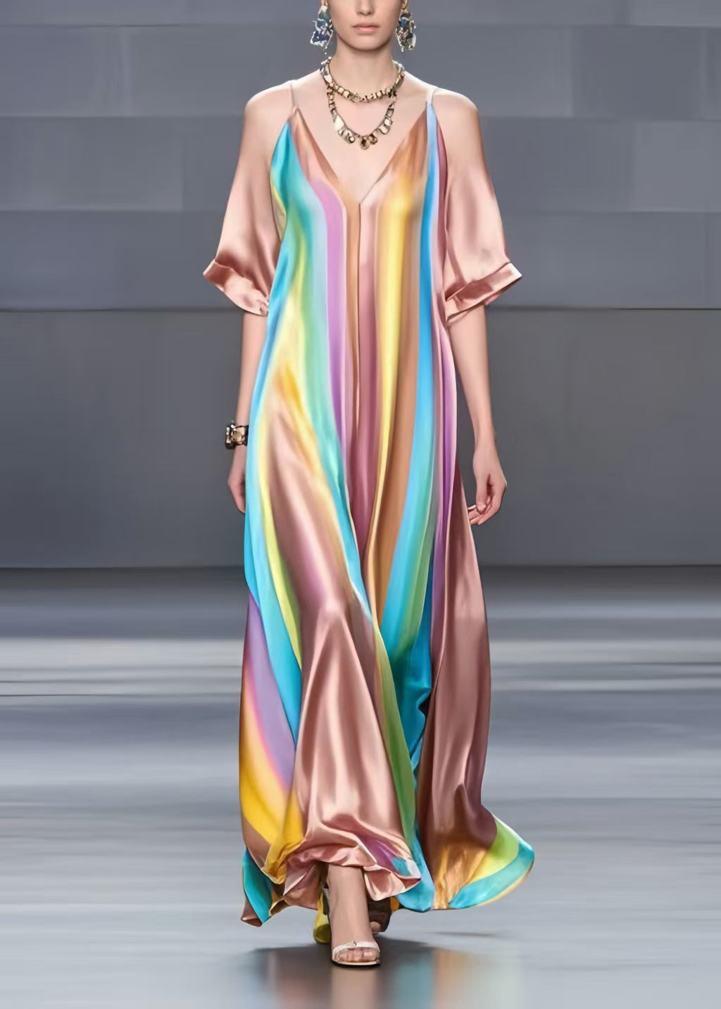 Handmade Rainbow Oversized Draping Silk Holiday Dress Summer