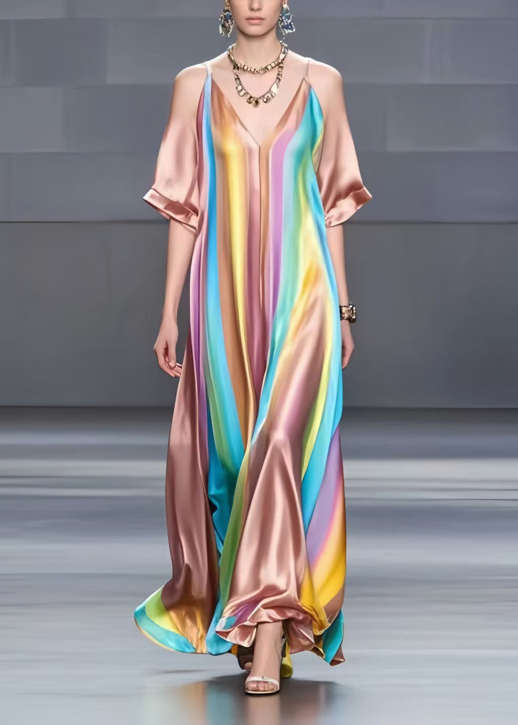 Handmade Rainbow Oversized Draping Silk Holiday Dress Summer