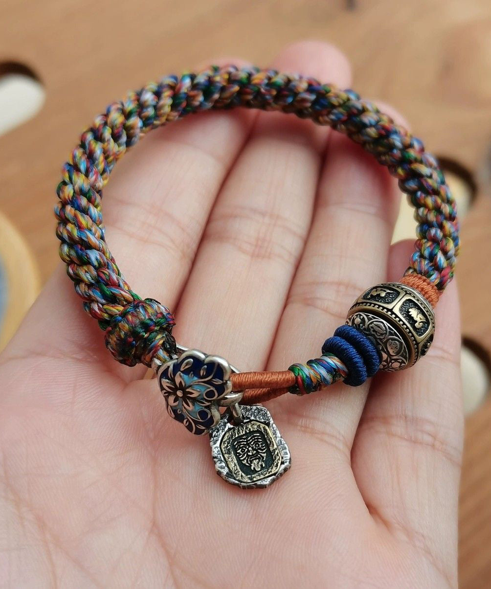 Handmade Rainbow Sterling Silver Weave Lucky Bead Charm Bracelet