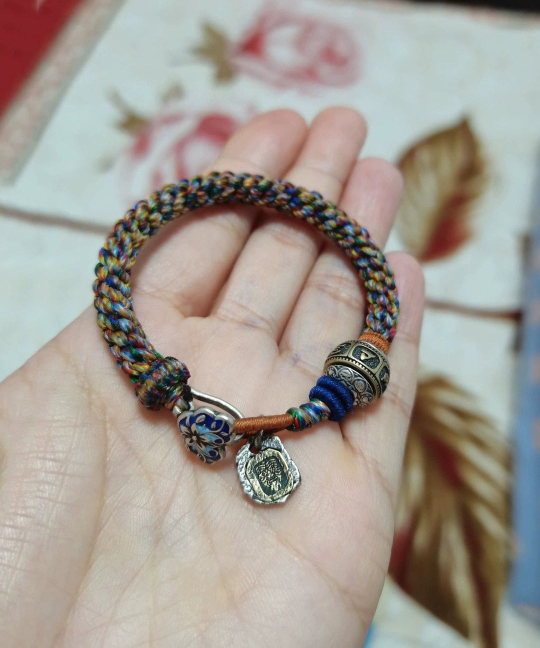 Handmade Rainbow Sterling Silver Weave Lucky Bead Charm Bracelet