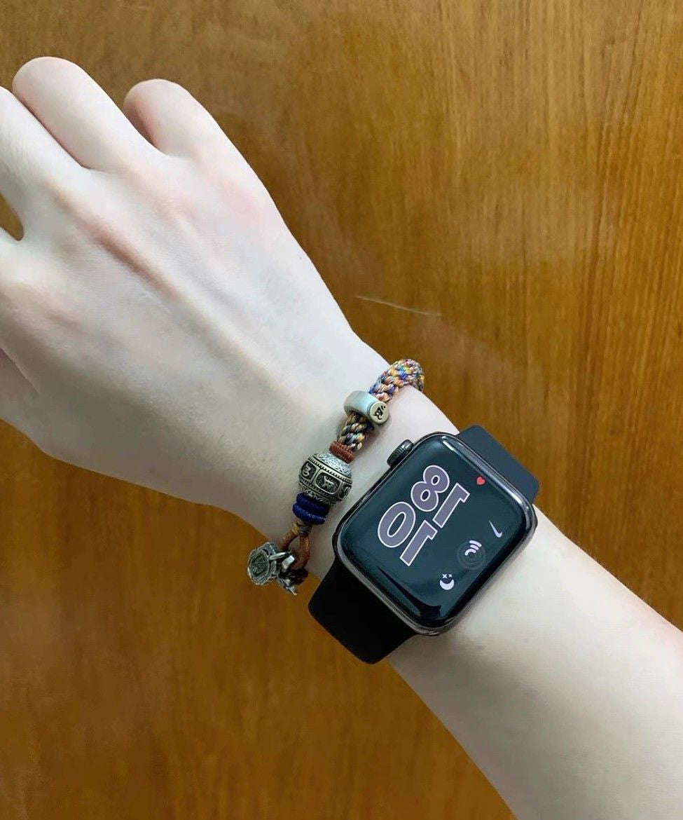 Handmade Rainbow Sterling Silver Weave Lucky Bead Charm Bracelet