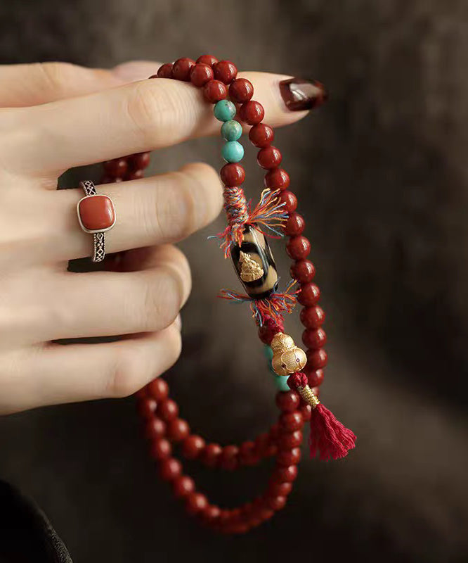Handmade Red 925 Silver Agate Turquoise Calabash Buddha Statue Charm Bracelet