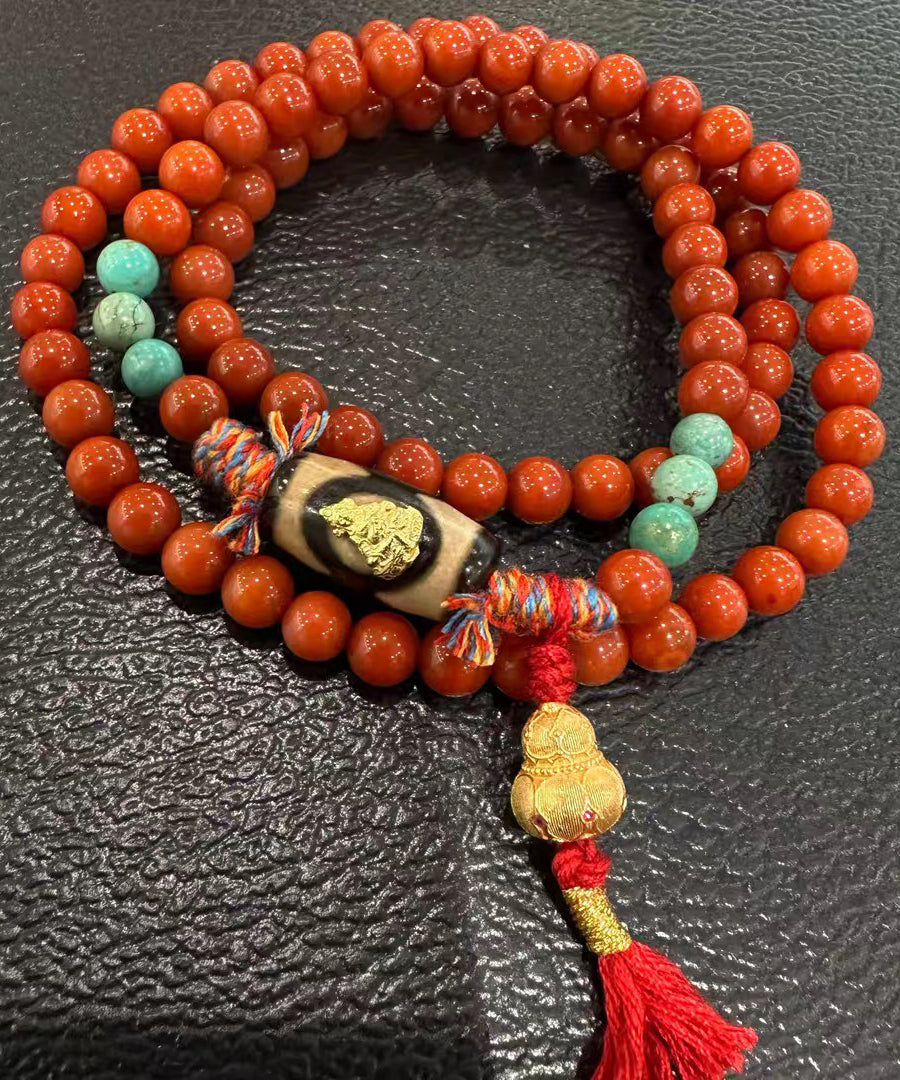 Handmade Red 925 Silver Agate Turquoise Calabash Buddha Statue Charm Bracelet