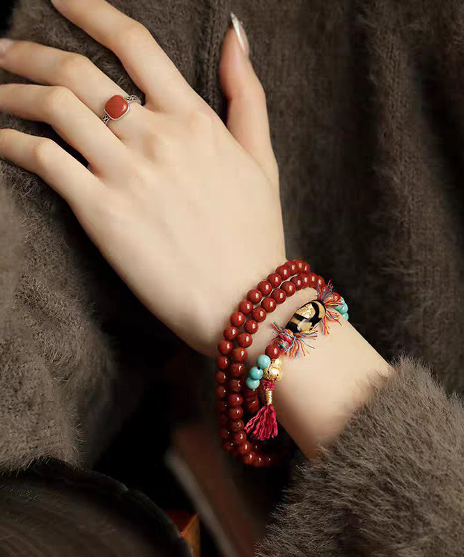 Handmade Red 925 Silver Agate Turquoise Calabash Buddha Statue Charm Bracelet