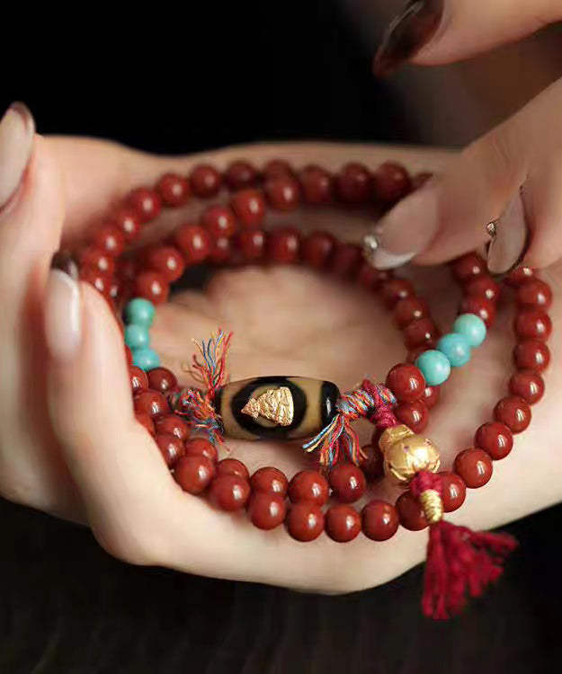 Handmade Red 925 Silver Agate Turquoise Calabash Buddha Statue Charm Bracelet