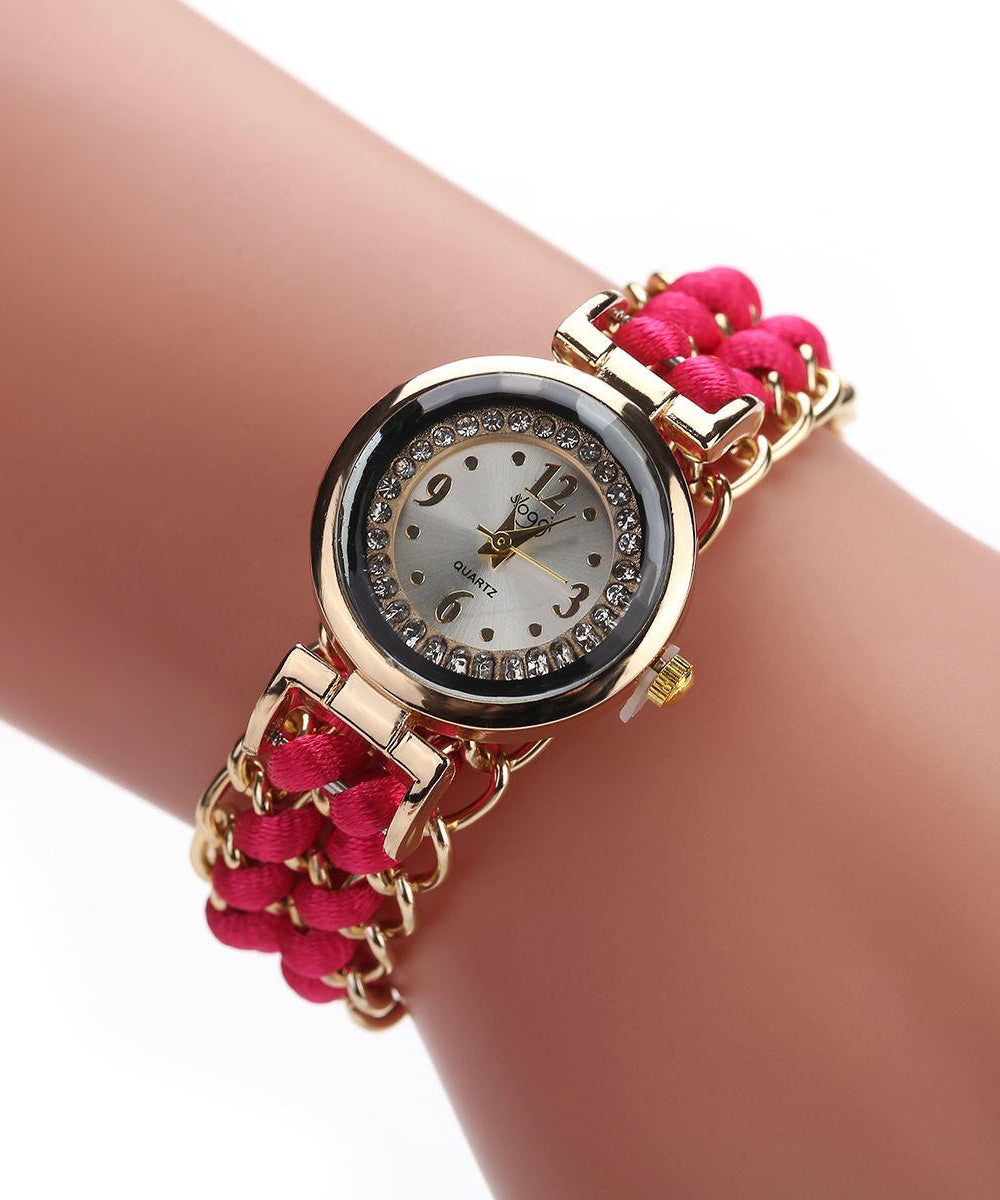 Handmade Red Alloy Zircon Weave Waterproof Watch
