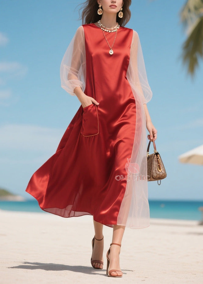 Handmade Red Asymmetrical Patchwork Tulle Robe Dresses Summer