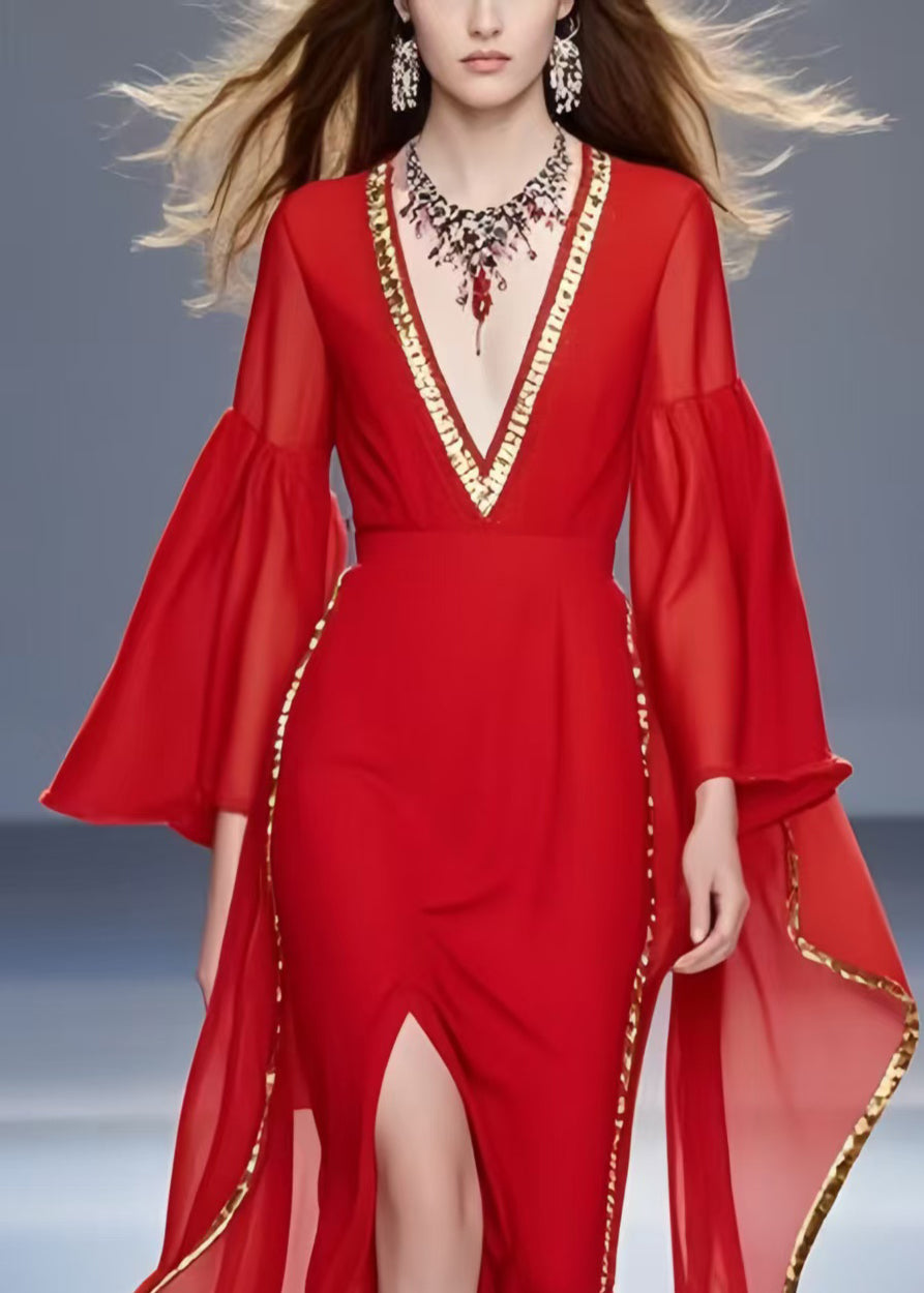 Handmade Red Asymmetrical Side Open Chiffon Holiday Dress Flare Sleeve