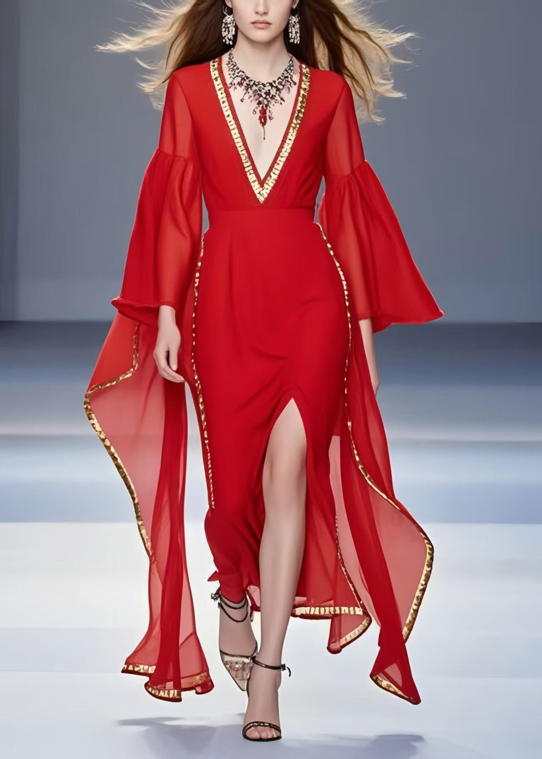 Handmade Red Asymmetrical Side Open Chiffon Holiday Dress Flare Sleeve