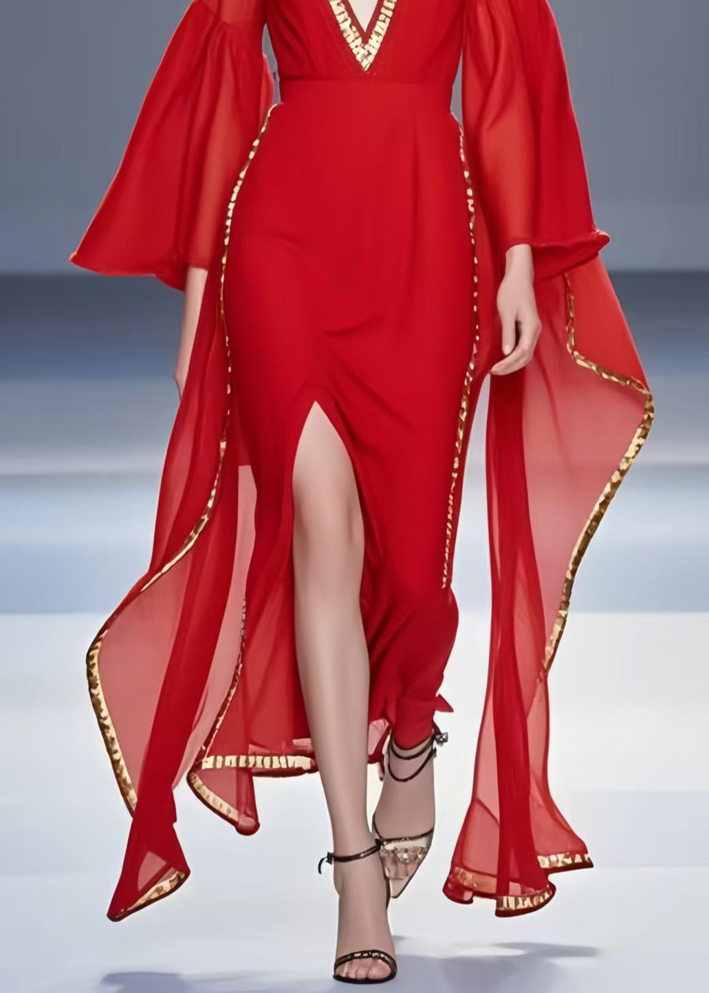 Handmade Red Asymmetrical Side Open Chiffon Holiday Dress Flare Sleeve