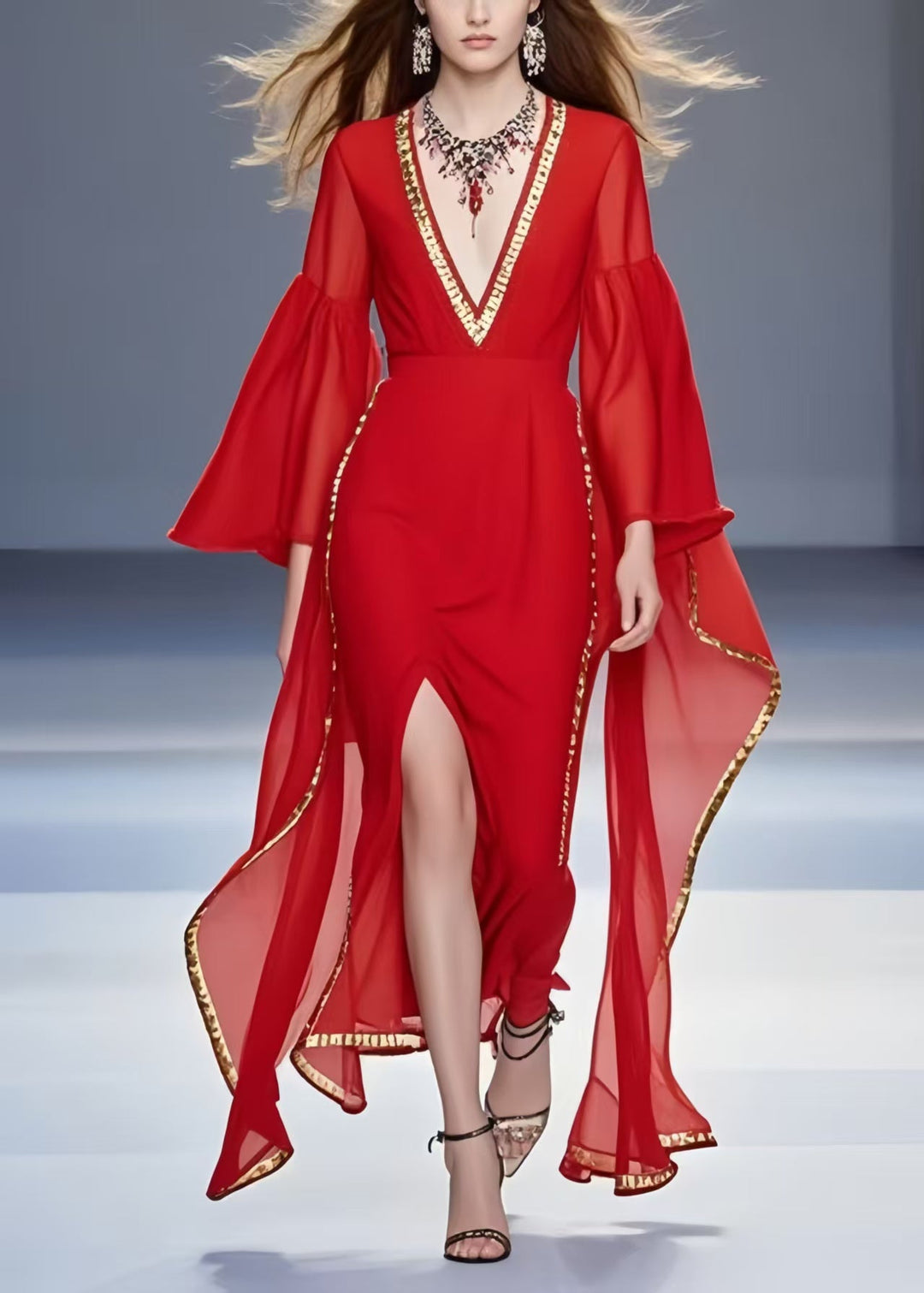 Handmade Red Asymmetrical Side Open Chiffon Holiday Dress Flare Sleeve