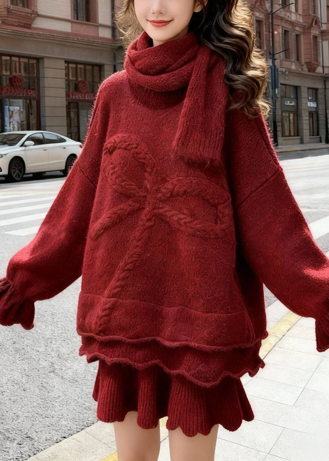 Handmade Red Bow Jacquard Thick Knit Three Piece Set Outfits Winter