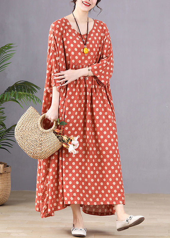 Handmade Red Dot Print Wrinkled Long Dresses Long Sleeve