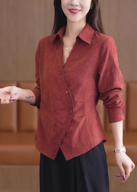 Handmade Red Lace Patchwork Button Solid Shirt Spring