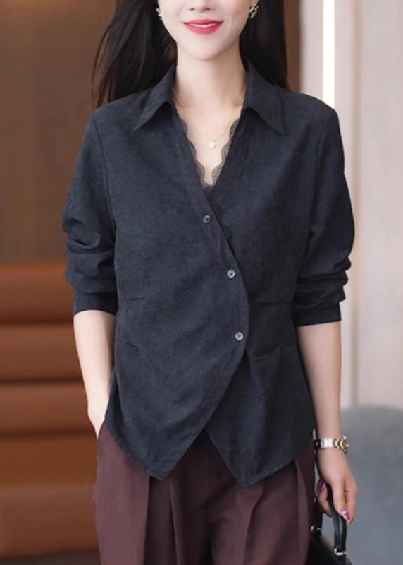 Handmade Red Lace Patchwork Button Solid Shirt Spring