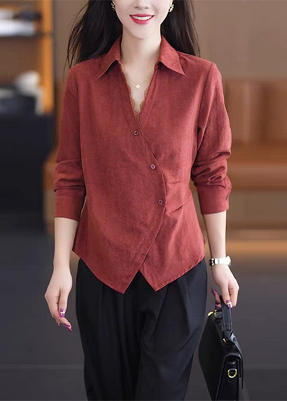 Handmade Red Lace Patchwork Button Solid Shirt Spring