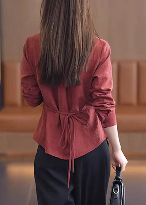 Handmade Red Lace Patchwork Button Solid Shirt Spring