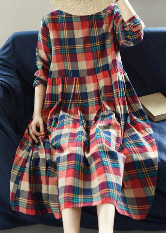 Handmade Red O-Neck Plaid Pockets Maxi Dresses Long Sleeve