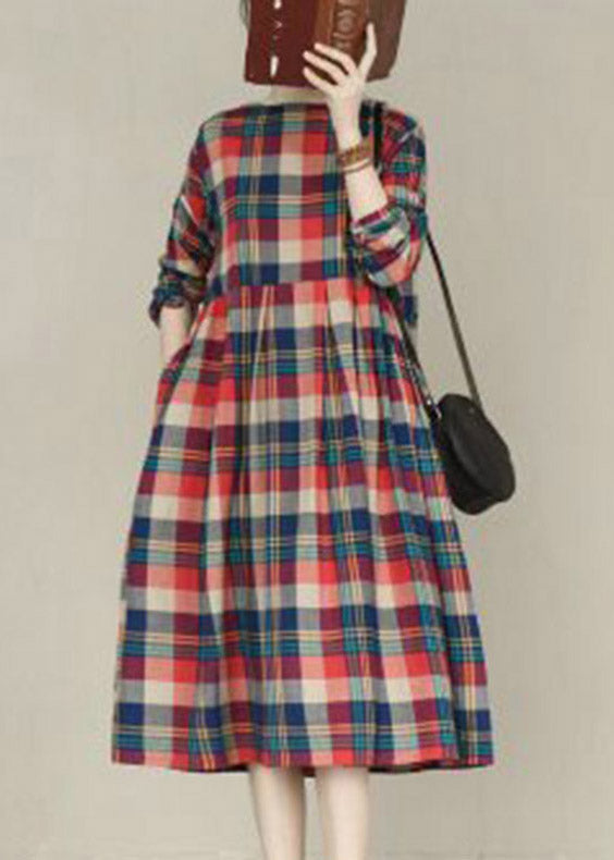 Handmade Red O-Neck Plaid Pockets Maxi Dresses Long Sleeve