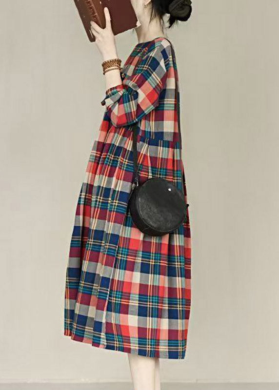 Handmade Red O-Neck Plaid Pockets Maxi Dresses Long Sleeve