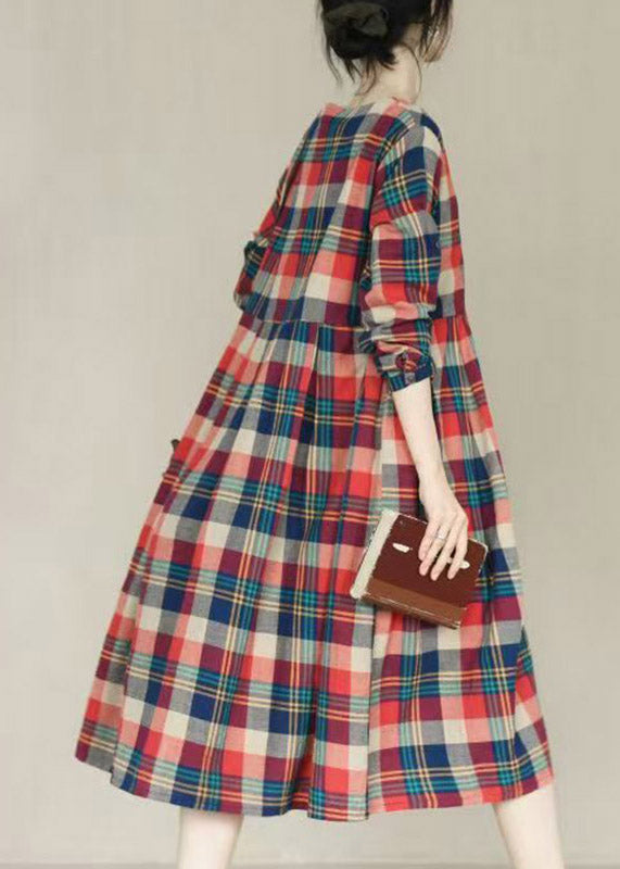 Handmade Red O-Neck Plaid Pockets Maxi Dresses Long Sleeve