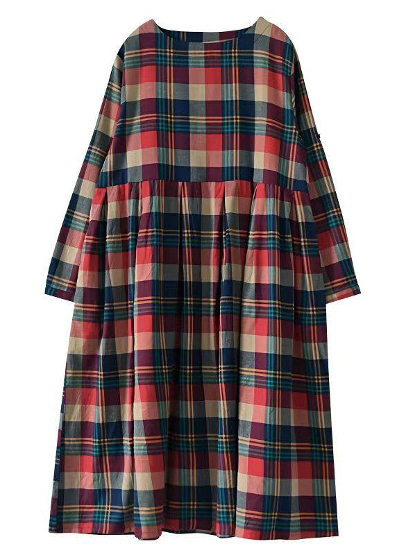 Handmade Red O-Neck Plaid Pockets Maxi Dresses Long Sleeve