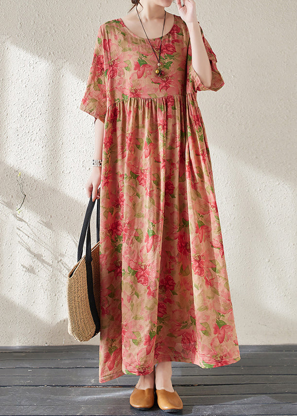 Handmade Red O-Neck Print Patchwork Maxi Dress Summer