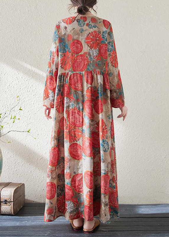 Handmade Red O-Neck Print Wrinkled Holiday Dress Spring