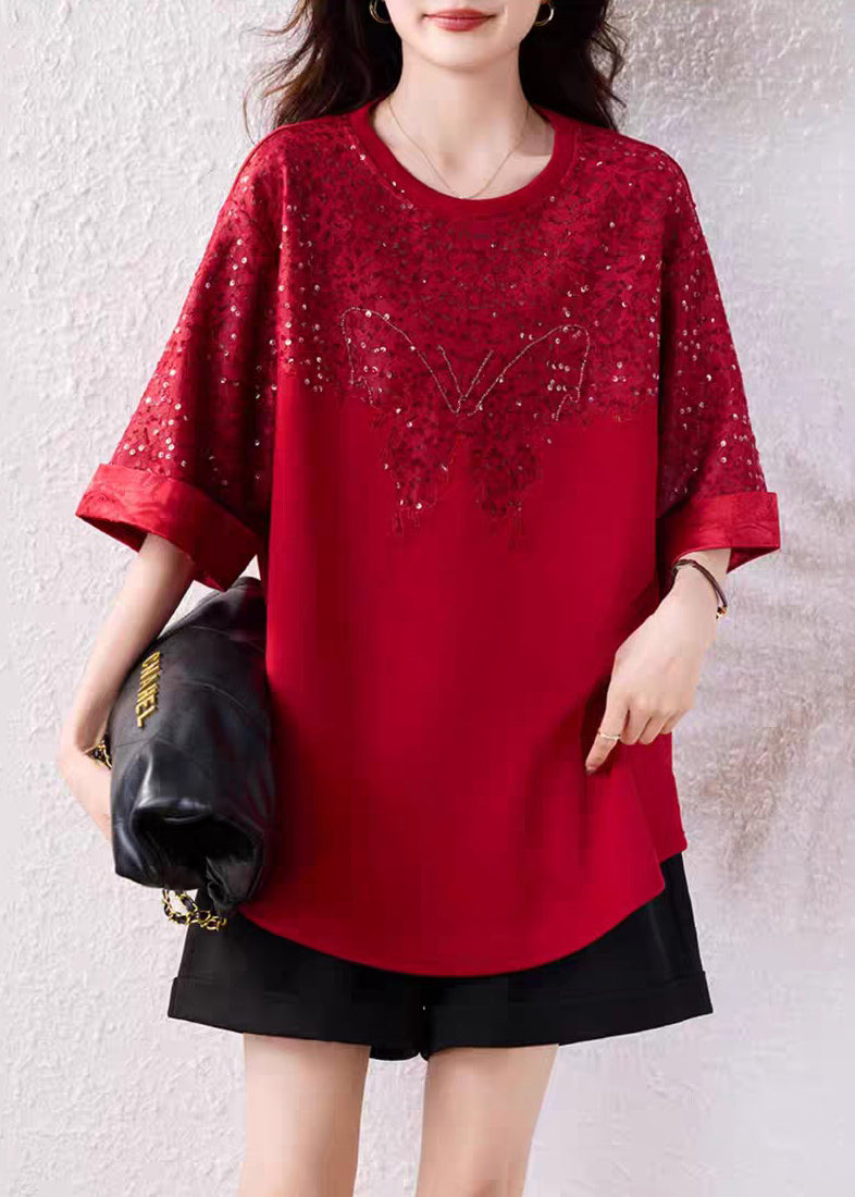 Handmade Red O Neck Sequins Cotton T Shirt Summer