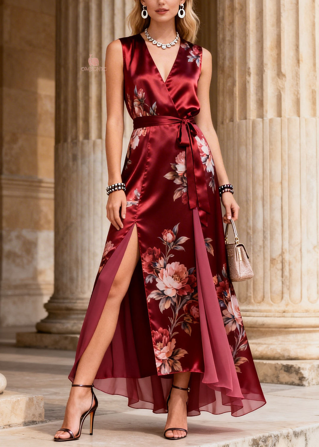 Handmade Red Print Side Open Lace Up Silk Dress Summer