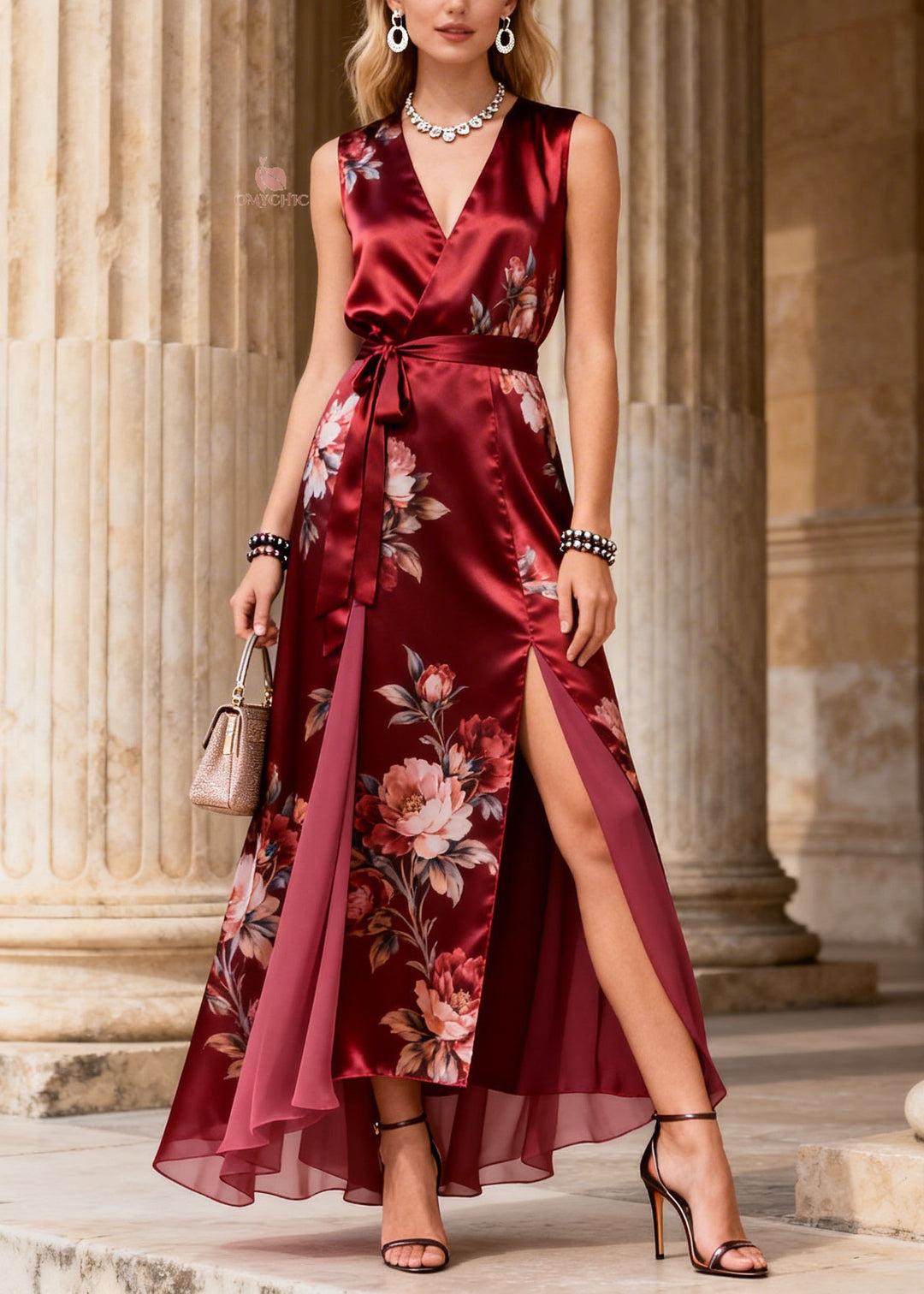 Handmade Red Print Side Open Lace Up Silk Dress Summer