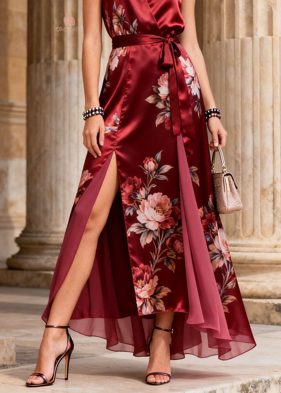 Handmade Red Print Side Open Lace Up Silk Dress Summer