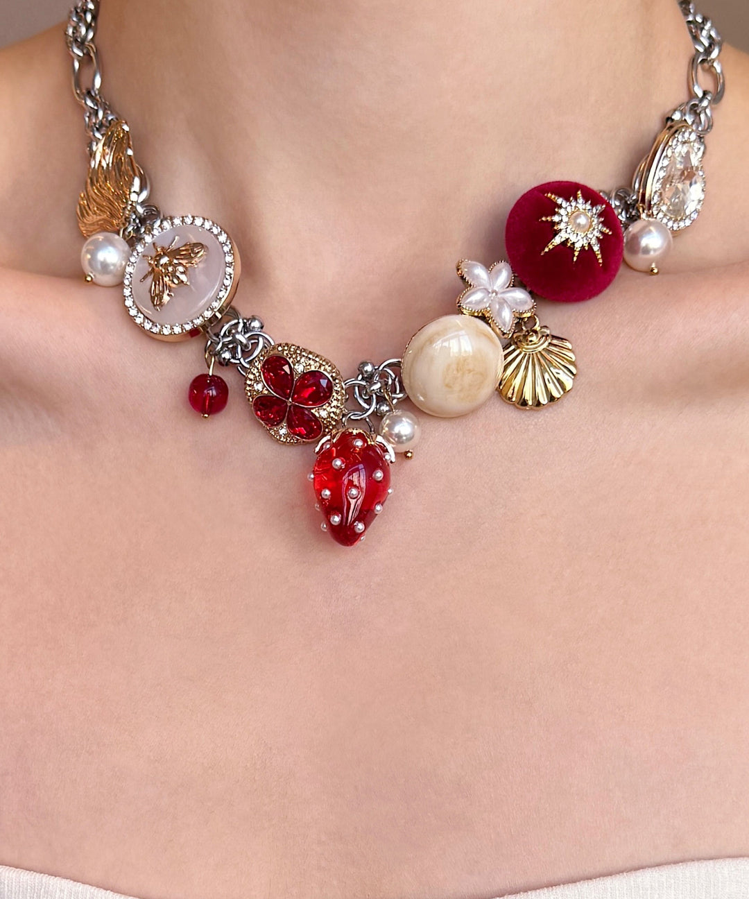 Handmade Red Strawberry Zircon Button Adjustable Alloy Choker