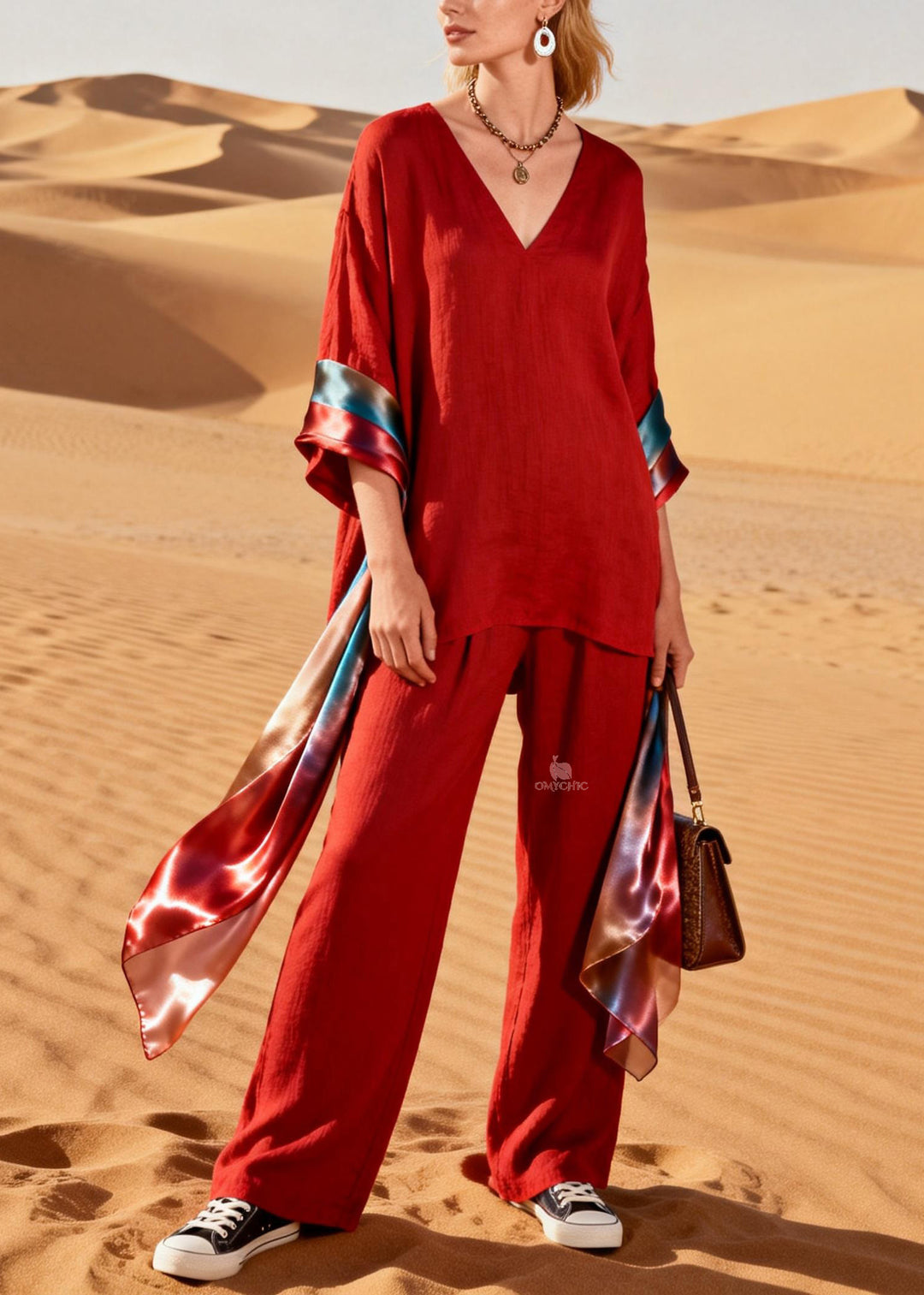 Handmade Red V Neck Patchwork Linen Silk Two Piece Set Women Clothing Summer