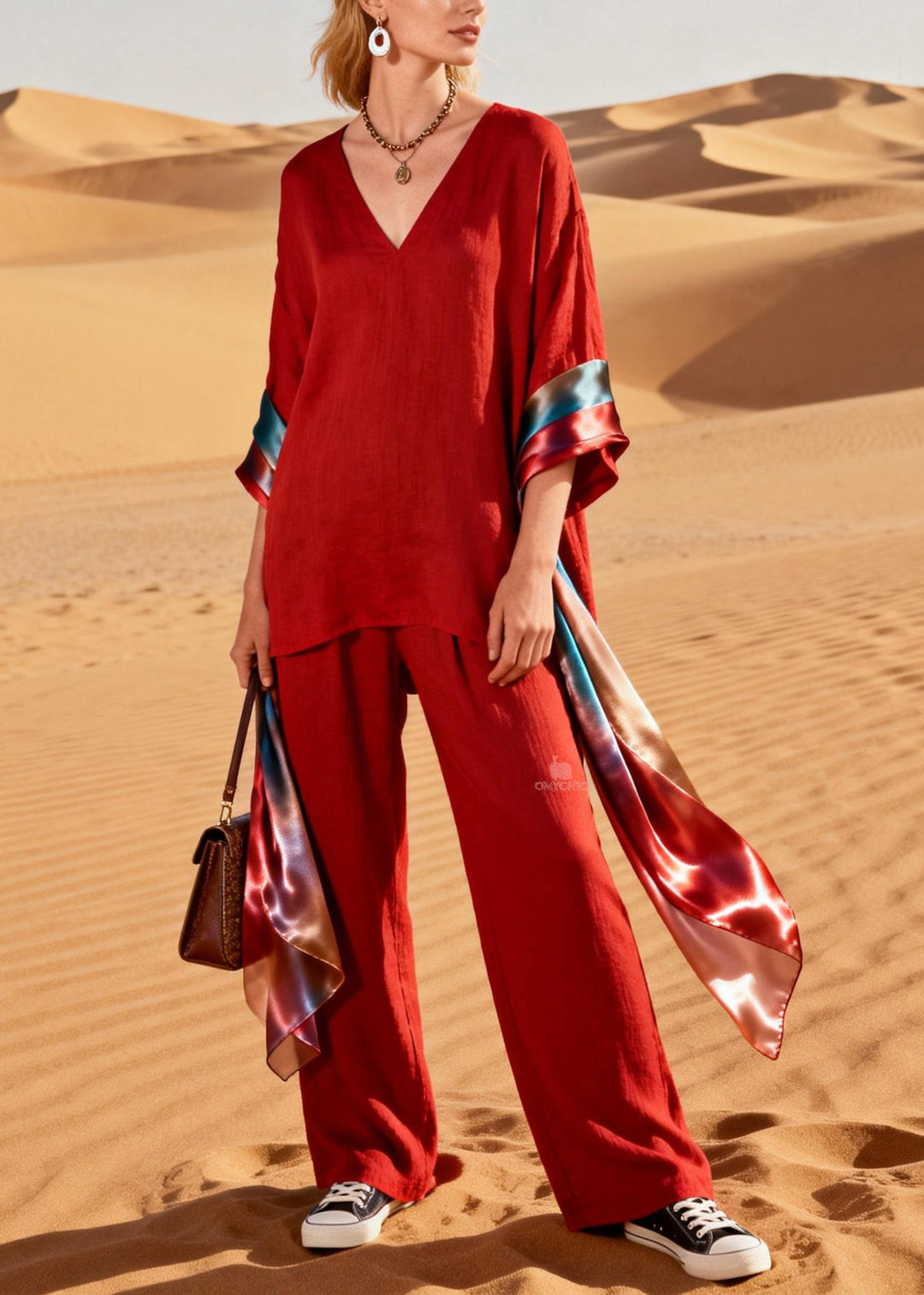 Handmade Red V Neck Patchwork Linen Silk Two Piece Set Women Clothing Summer