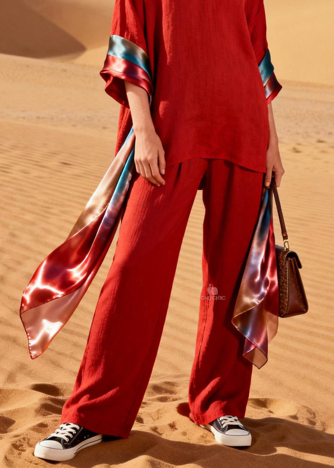 Handmade Red V Neck Patchwork Linen Silk Two Piece Set Women Clothing Summer