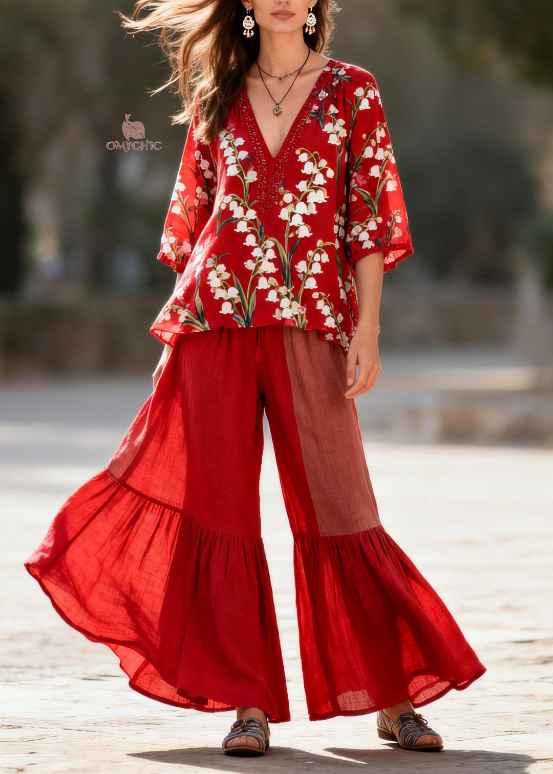 Handmade Red V Neck Print Tops And Pants Cotton Two Piece Set Summer