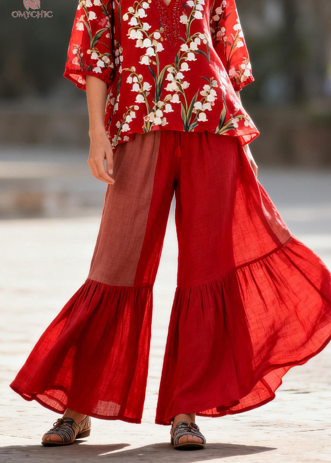 Handmade Red V Neck Print Tops And Pants Cotton Two Piece Set Summer