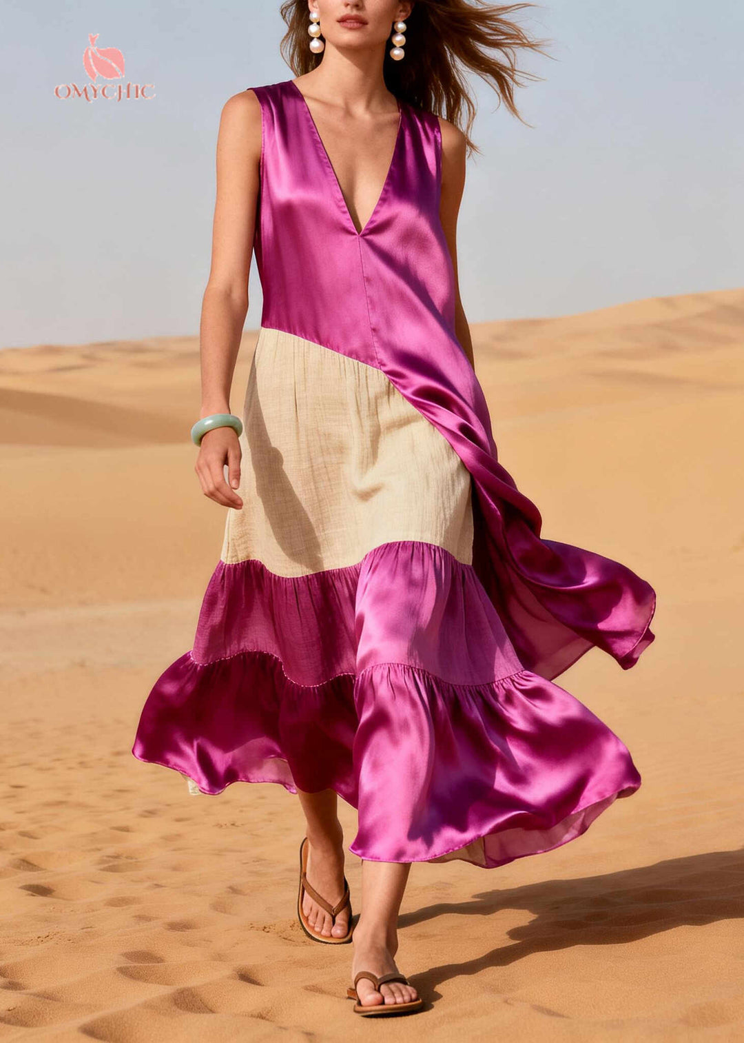 Handmade Rose Asymmetrical Patchwork Linen Silk Dresses Summer