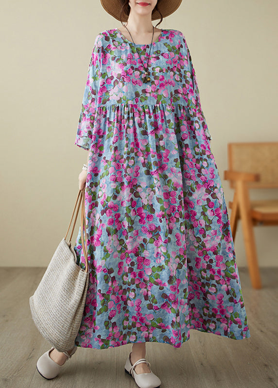 Handmade Rose O-Neck Print Wrinkled Long Dresses Spring