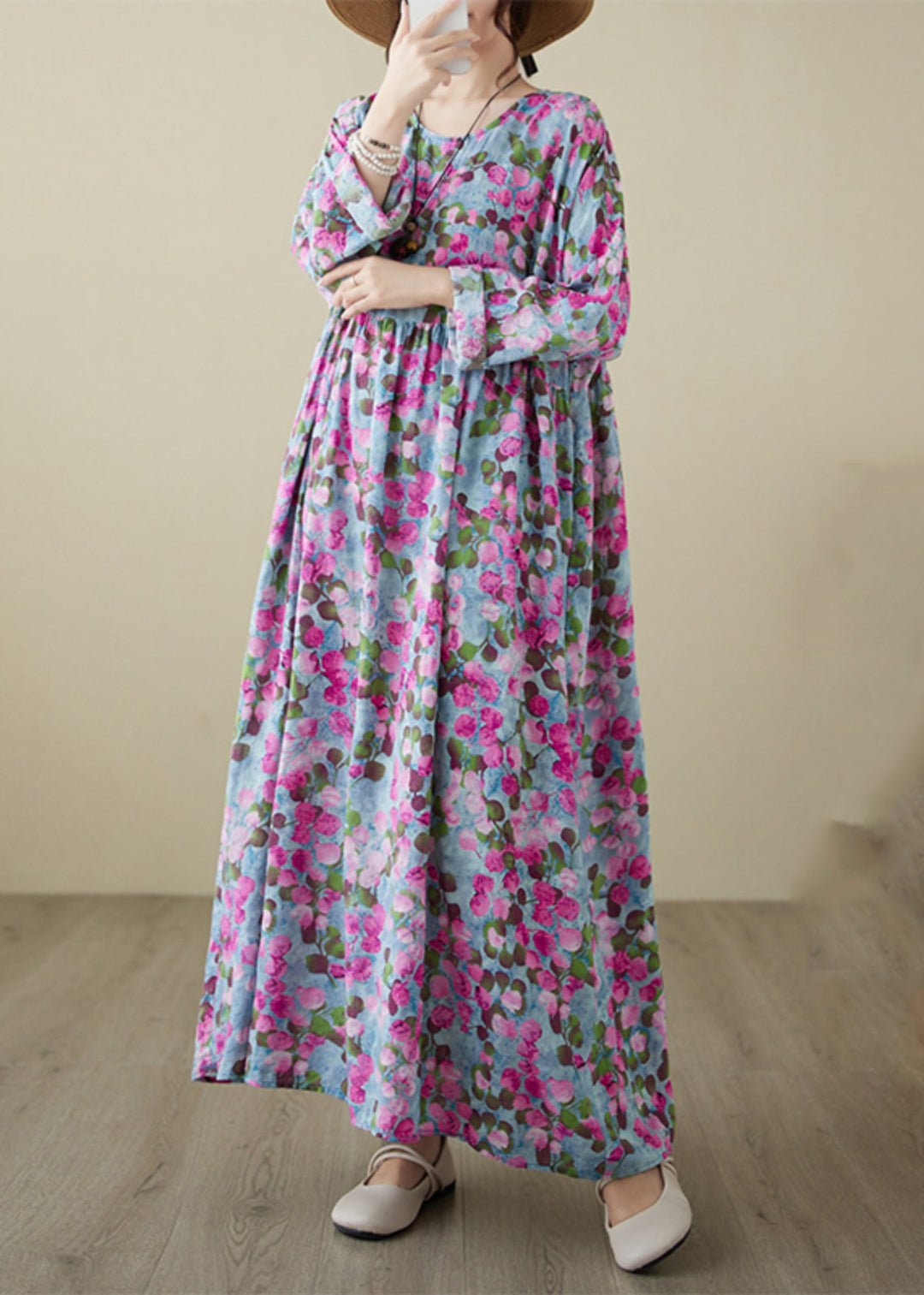 Handmade Rose O-Neck Print Wrinkled Long Dresses Spring