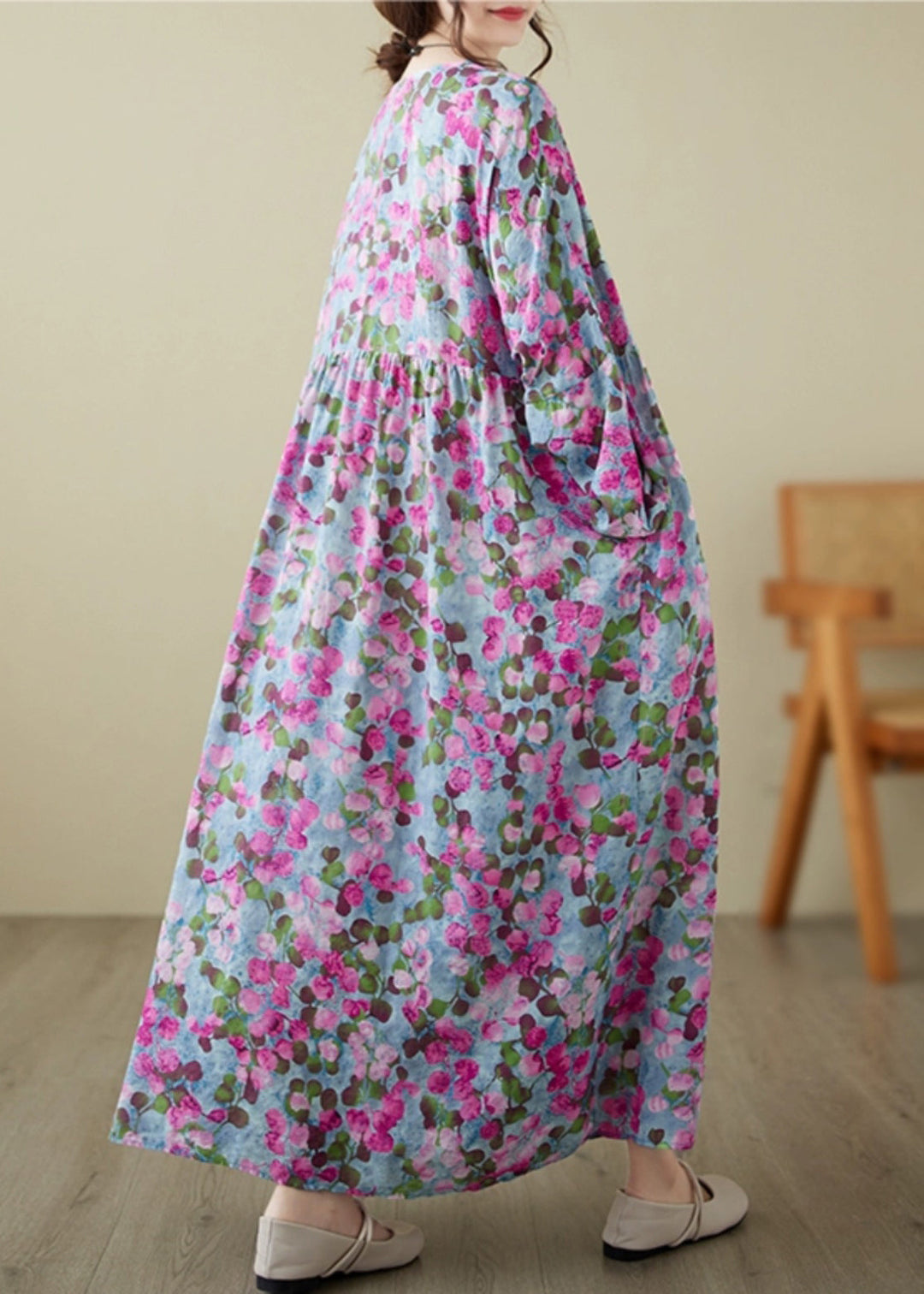 Handmade Rose O-Neck Print Wrinkled Long Dresses Spring