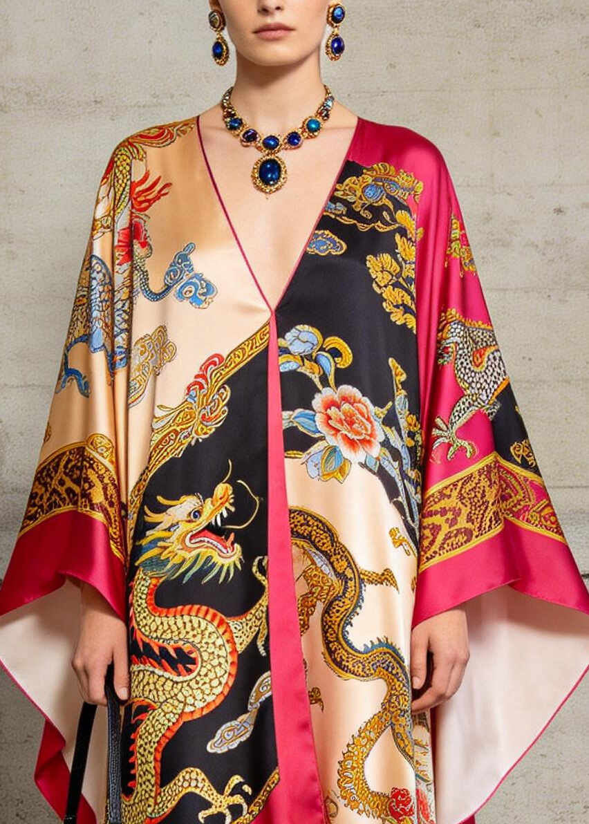 Handmade Rose Oversized Print Silk Vacation Dresses Summer