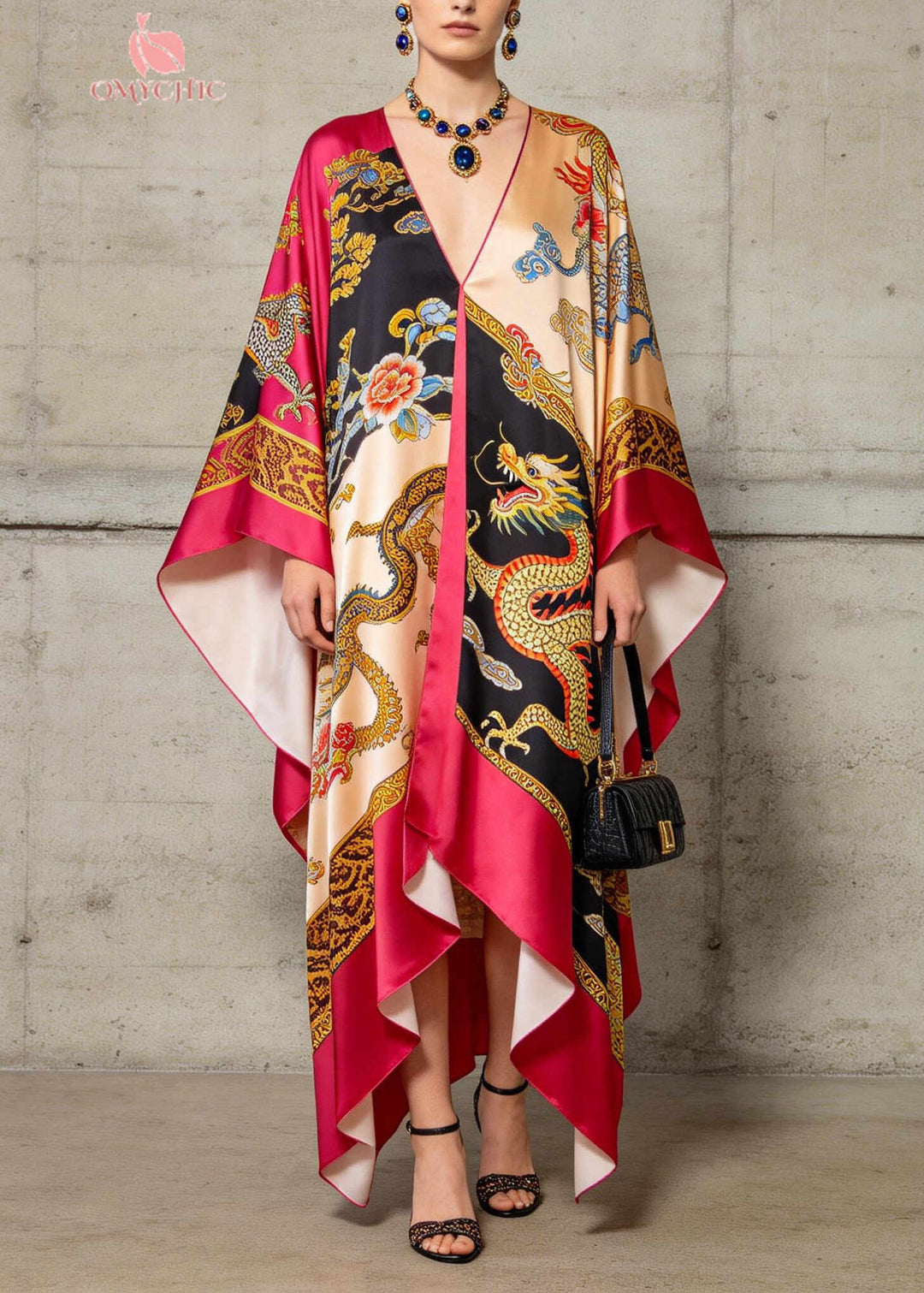 Handmade Rose Oversized Print Silk Vacation Dresses Summer