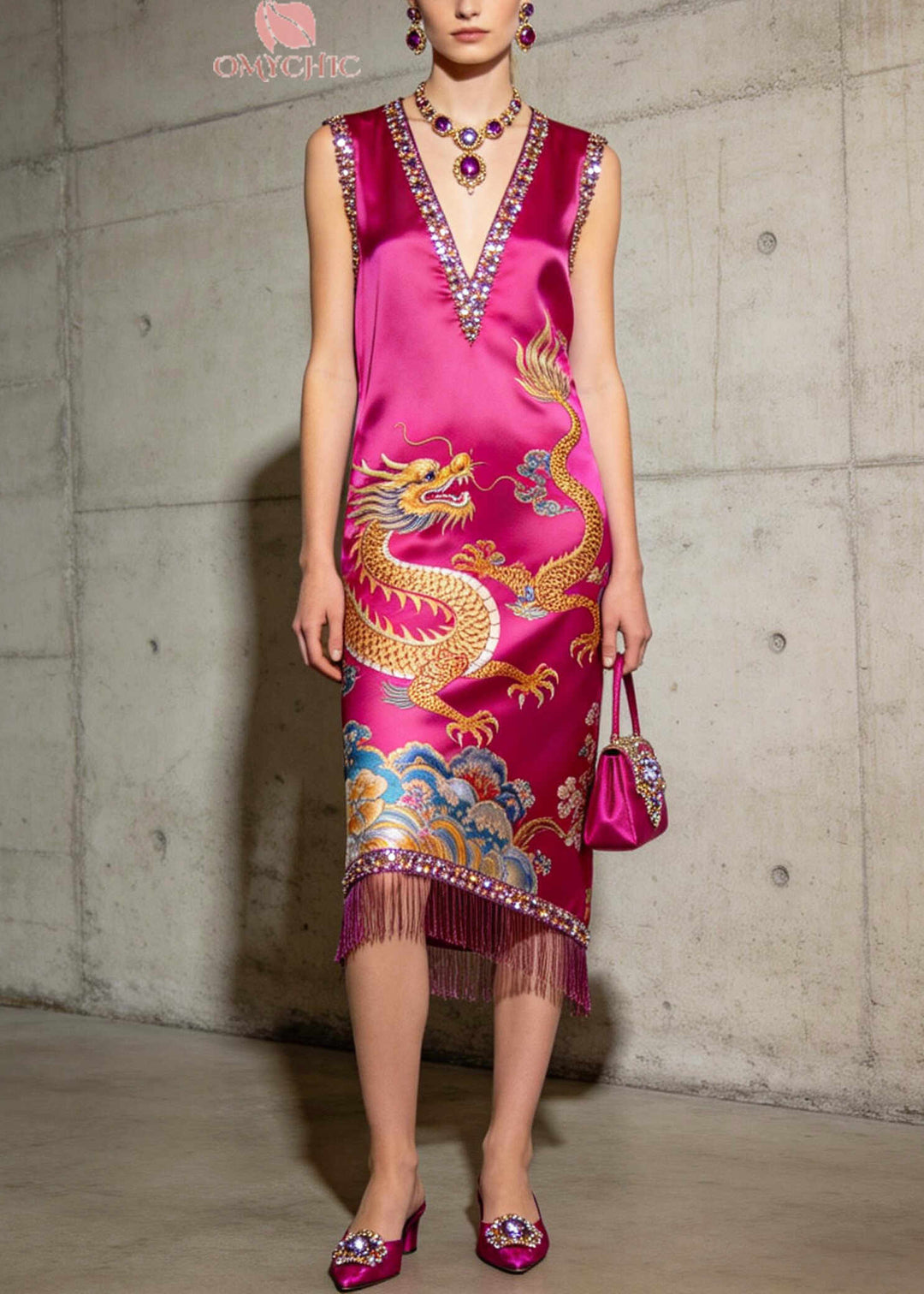Handmade Rose Sequins Tasseled Print Silk Dresses Summer